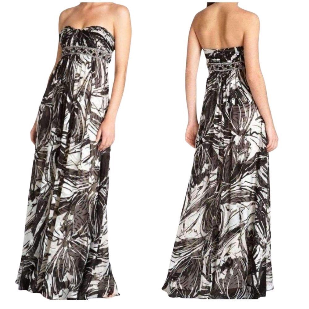 BCBGMAXAZRIA Rhinestone Embellished Silk Blend Maxi Gown Dress Black White 4
